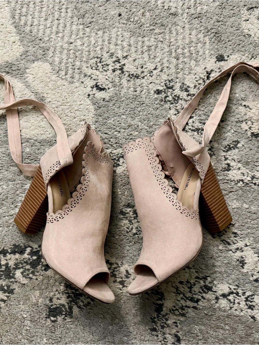 Tan/Blush Pink Peep-Toe Block Heel Sandals with Tie Ankle